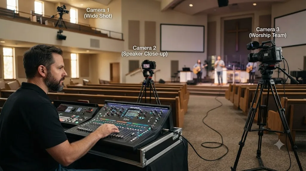 Illustration of camera placement and sound board audio routing for a church worship service video setup