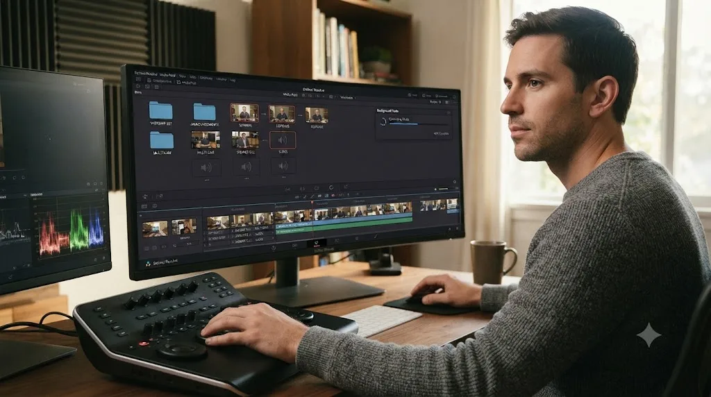 Illustration of a DaVinci Resolve media pool organized into worship service segment bins with a background processing indicator