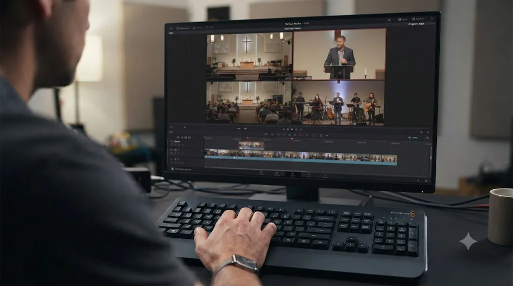 Illustration of an editor cutting a worship service live in DaVinci Resolve using the multicam viewer and keyboard shortcuts