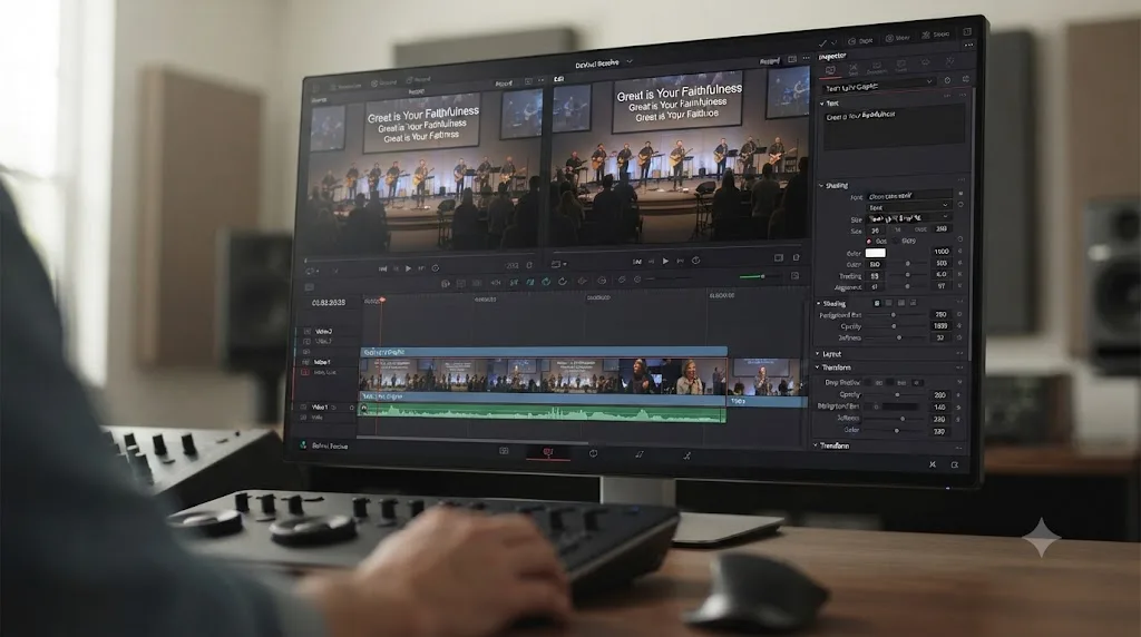 Illustration of a DaVinci Resolve timeline with a lyric graphic layered above a worship service multicam video track