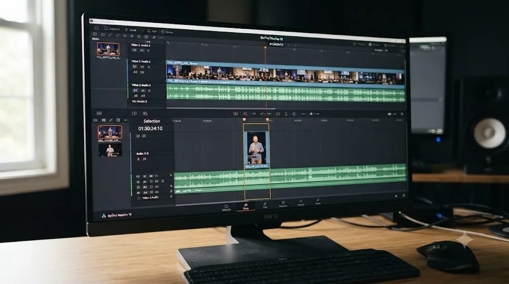 Illustration of a DaVinci Resolve timeline cutting a short vertical sermon clip from a full worship service recording