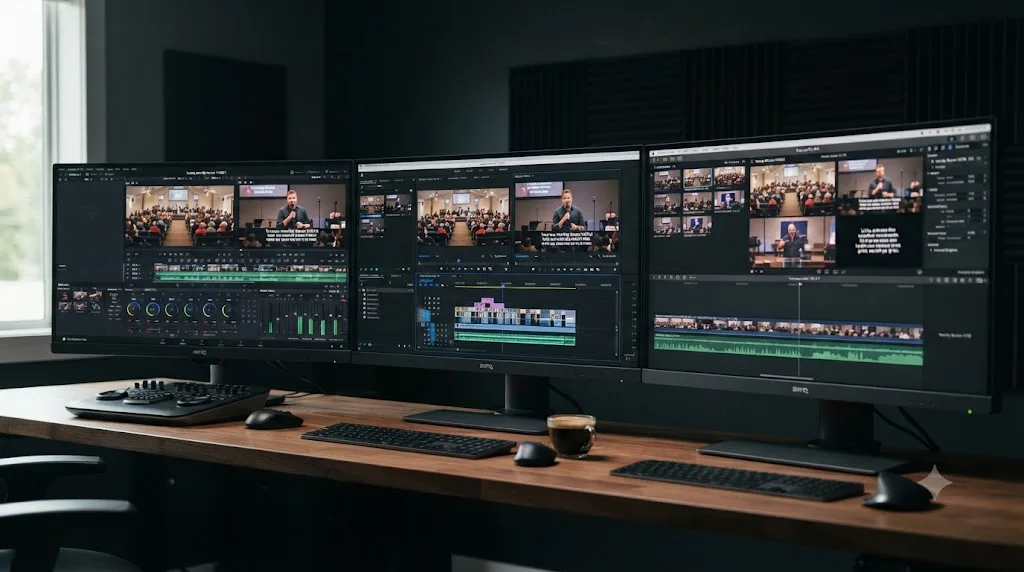 Illustration comparing DaVinci Resolve, Premiere Pro, and Final Cut Pro interfaces for church worship service video editing