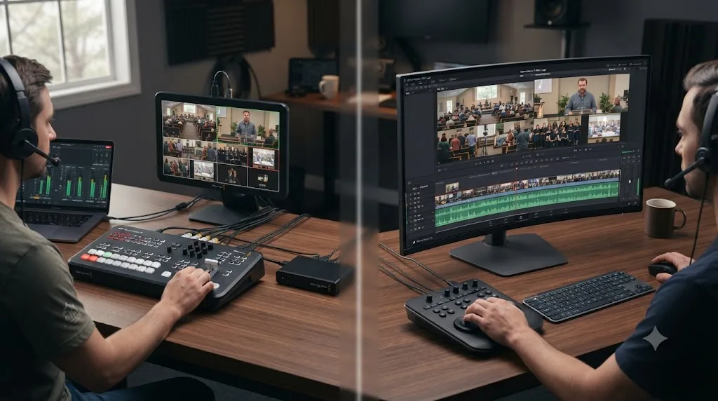Illustration comparing a live switcher setup with a DaVinci Resolve post-production multicam timeline for a church worship service