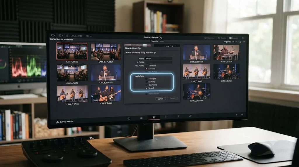 Illustration of the DaVinci Resolve multicam clip creation dialog with angle sync options for worship service footage
