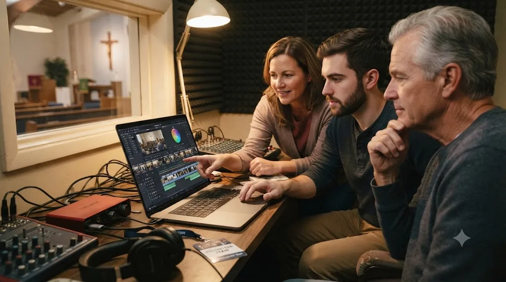 Illustration of a volunteer church media team reviewing a DaVinci Resolve edit in a church sound booth