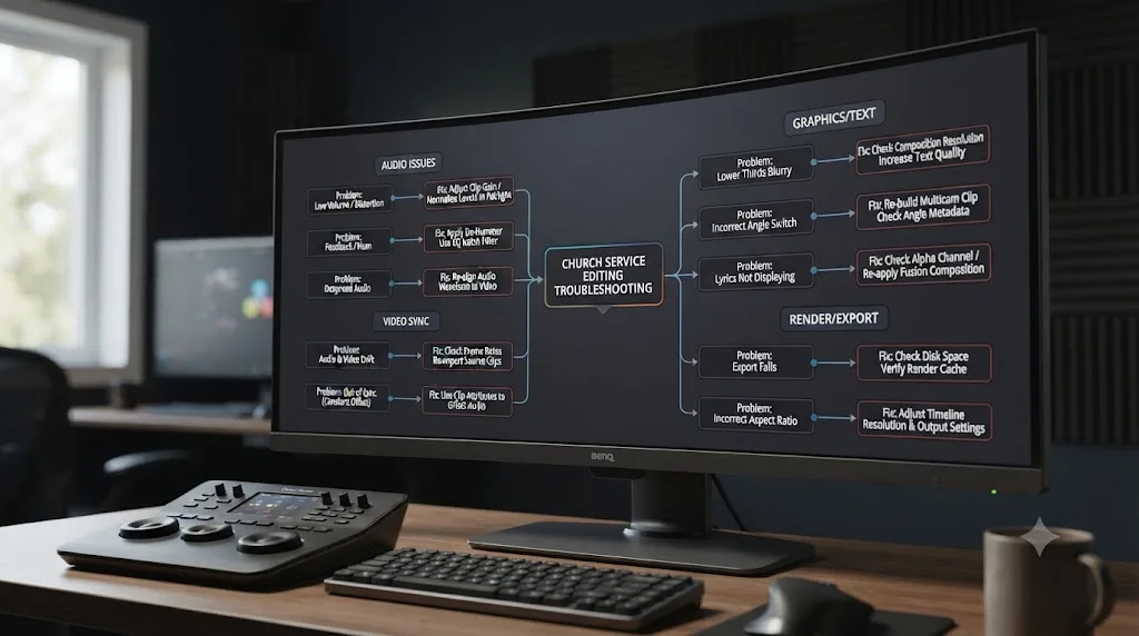 Illustration of a troubleshooting flowchart for common DaVinci Resolve church and worship service video editing problems