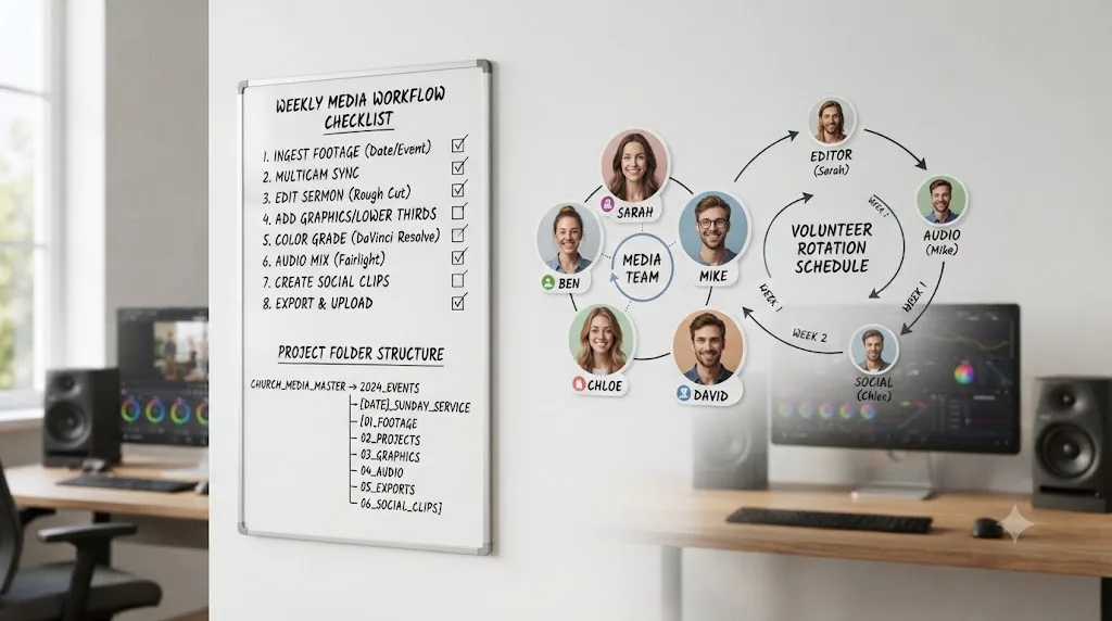 Illustration of a weekly checklist and folder structure supporting a rotating volunteer church media editing team