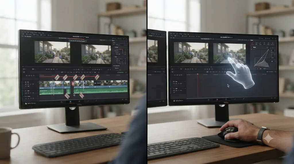 Illustration comparing an AI tool automatically cutting a timeline against an assistant pointing at a control while the editor stays in control