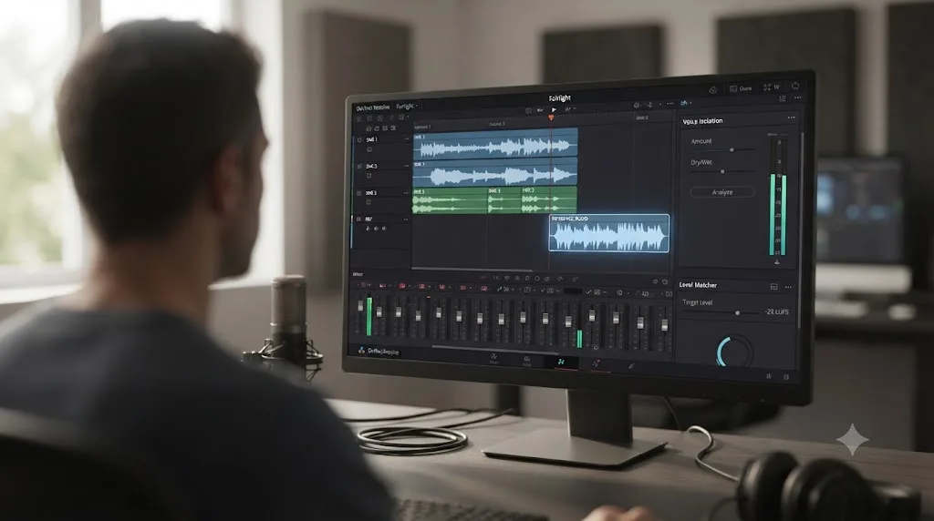 Illustration of the DaVinci Resolve Fairlight page showing a Level Matcher reference clip next to a Voice Isolation control panel for SME audio