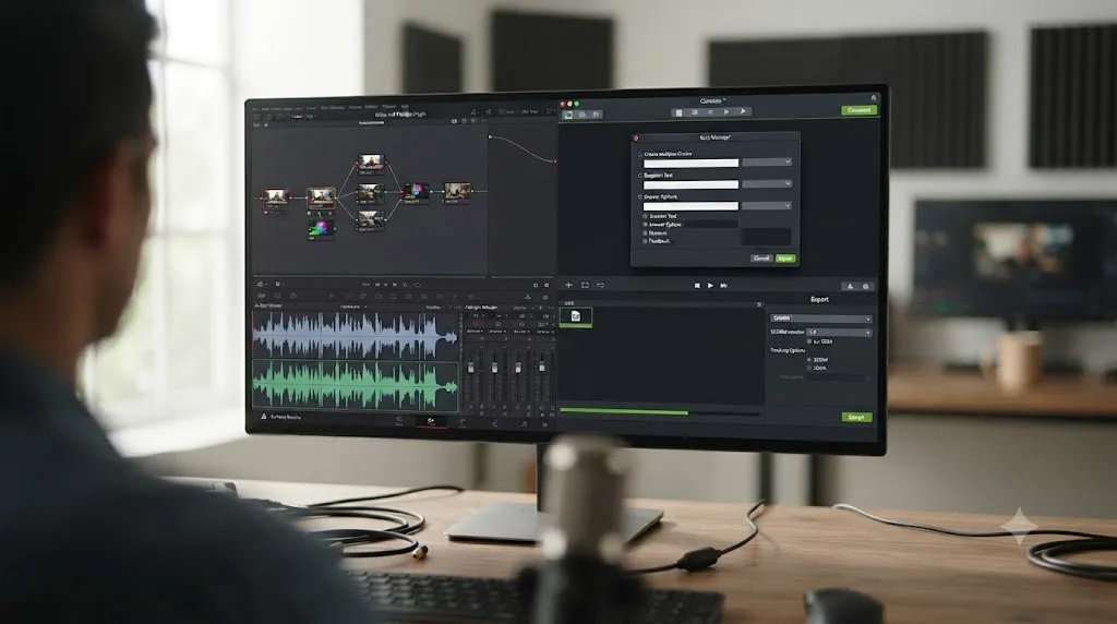 Illustration comparing DaVinci Resolve's node-based editing tools against Camtasia's built-in quiz and SCORM export panel