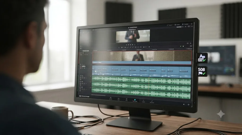 Illustration of a DaVinci Resolve timeline with a subtitle track beneath the video, next to icons representing accessibility compliance