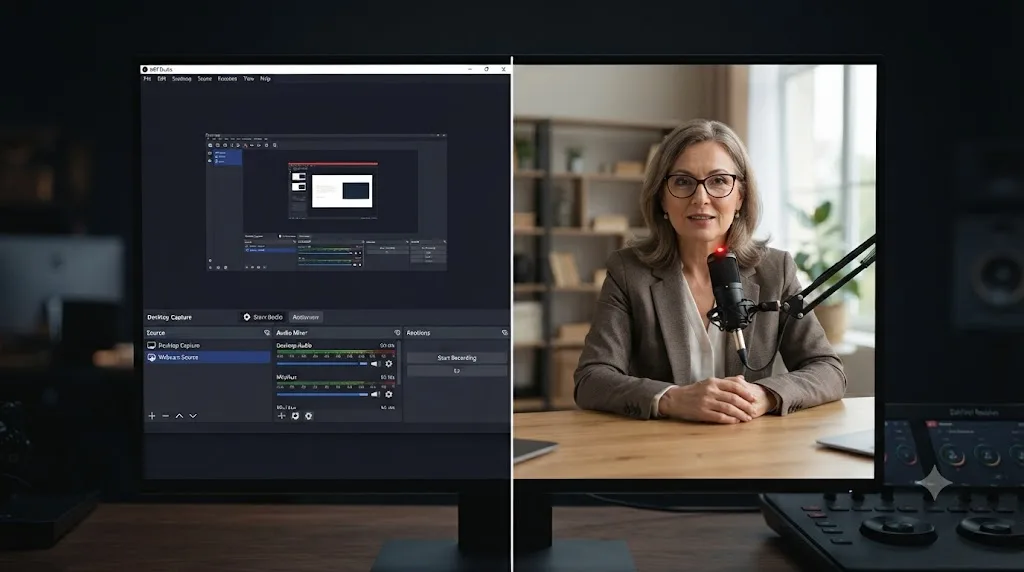 Illustration comparing an OBS Studio screen recording session against a subject matter expert recording webcam footage from a home office