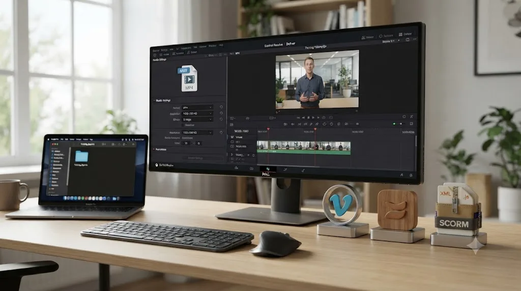 Illustration of the DaVinci Resolve Deliver page with export settings next to icons representing Vimeo, Wistia, and a SCORM package