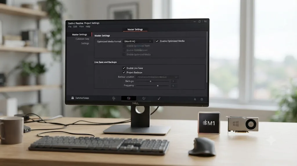 Illustration of a DaVinci Resolve Project Settings panel with Optimized Media, Live Save, and Project Backups enabled