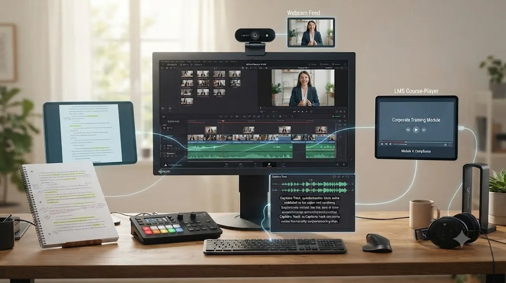 Illustration of a DaVinci Resolve timeline surrounded by a script, a subject matter expert on webcam, a captions track, and an LMS course player