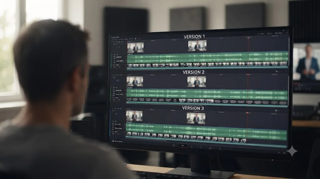Illustration of a DaVinci Resolve timeline duplicated into three language versions with different subtitle tracks or dubbed audio