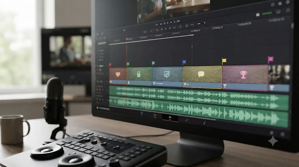 Illustration of a DaVinci Resolve timeline showing one long training video split into five shorter labeled module segments