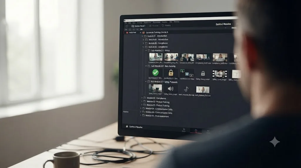 Illustration of an organized DaVinci Resolve Media Pool with bins nested by course name and then by module