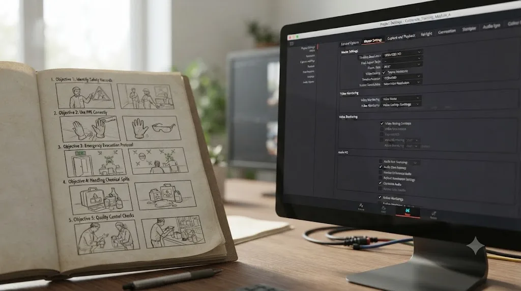 Illustration of a storyboard with numbered learning objectives next to a DaVinci Resolve project settings panel
