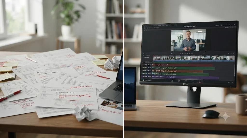 Illustration comparing scattered email feedback screenshots against an organized review tool with timestamped comments