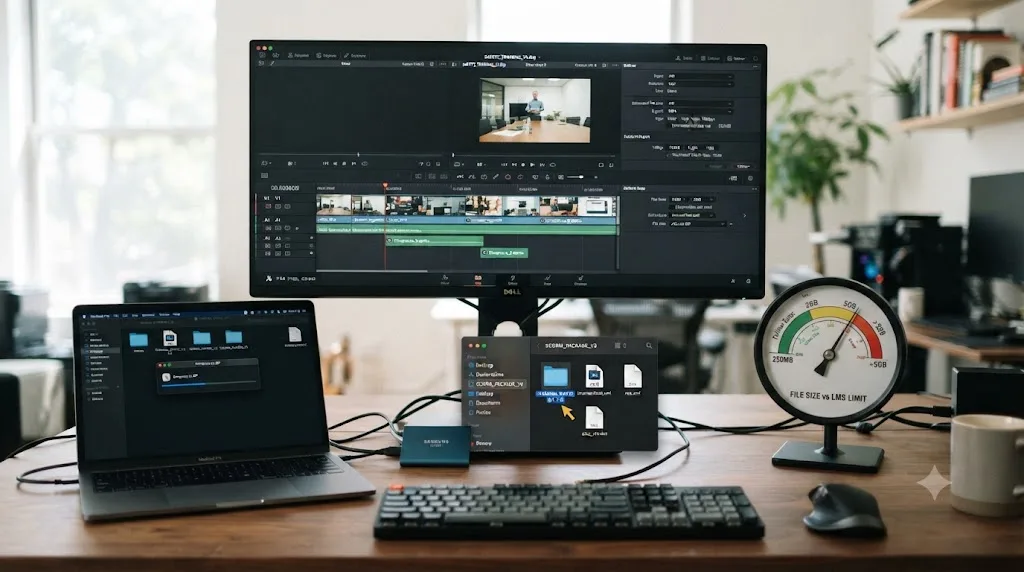 Illustration of a video file being packaged into a SCORM zip file with a gauge comparing file size against LMS upload limits
