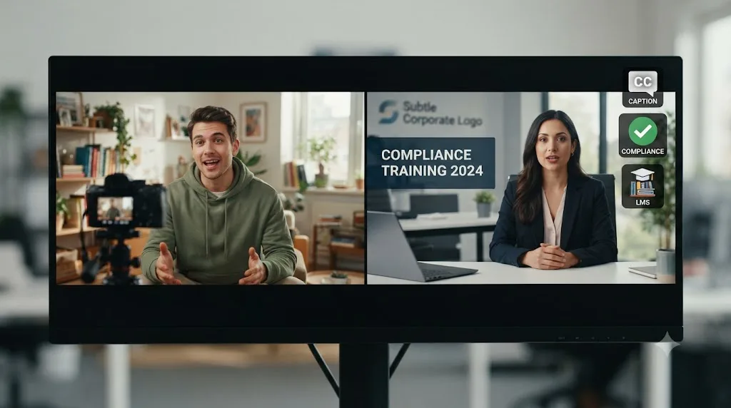 Illustration comparing a casual creator video against a corporate training video with captions, compliance, and LMS icons attached