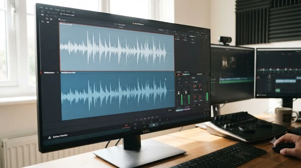 Illustration of the DaVinci Resolve Fairlight page showing a Ducker module applied to a desktop audio track beneath a mic waveform