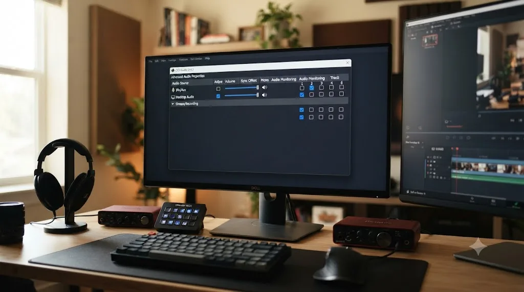 Illustration of the OBS Studio Advanced Audio Properties window with a microphone assigned to a separate recording track