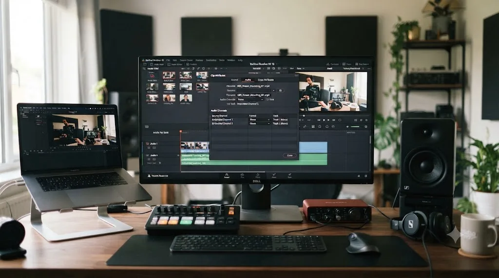 Illustration of the DaVinci Resolve Clip Attributes Audio panel remapping embedded OBS audio channels to separate tracks