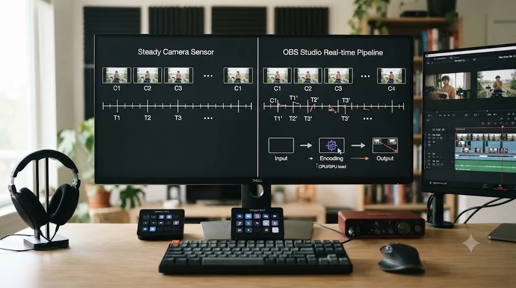 Illustration comparing steady camera frame timing against OBS Studio's real-time software encoding pipeline