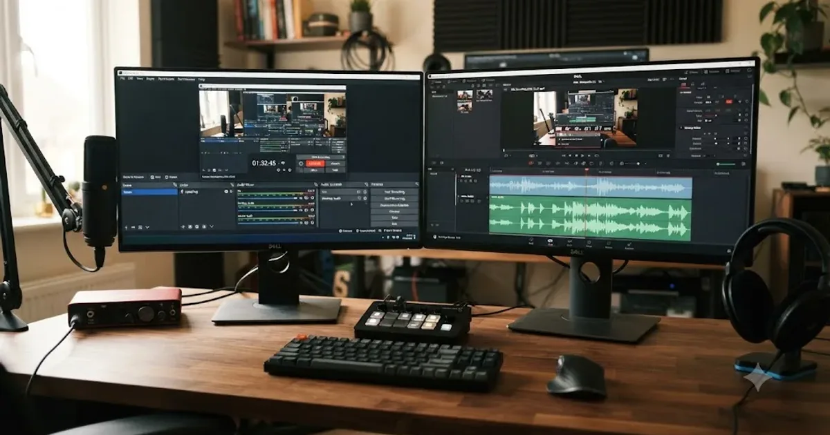 Illustration of a DaVinci Resolve timeline importing an OBS stream recording with separate mic and game audio tracks visible