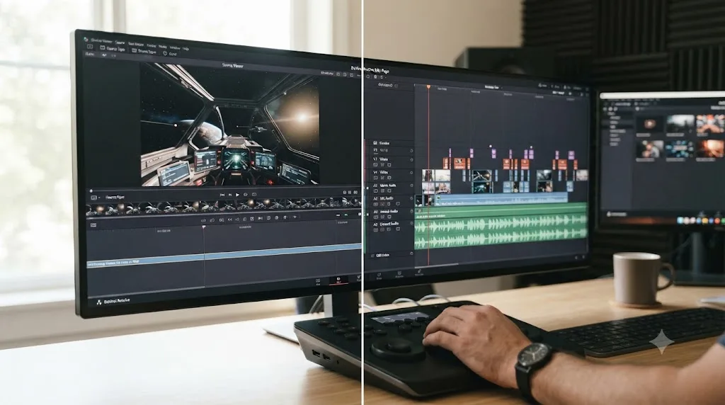 Illustration comparing the DaVinci Resolve Cut page reviewing an OBS recording against the Edit page's layered multi-track timeline