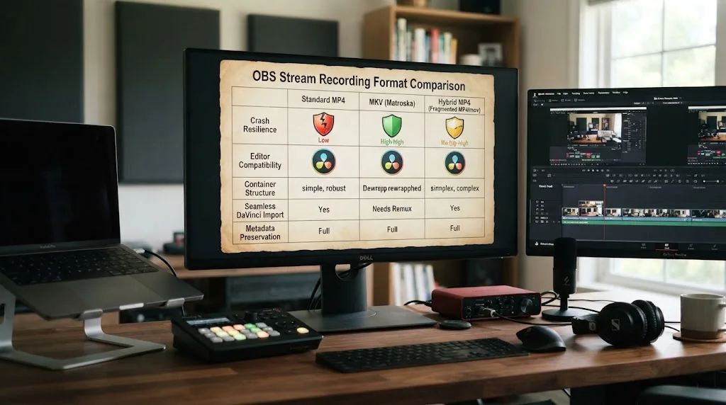 Illustration comparing standard MP4, MKV, and Hybrid MP4 recording formats for crash resilience and editor compatibility