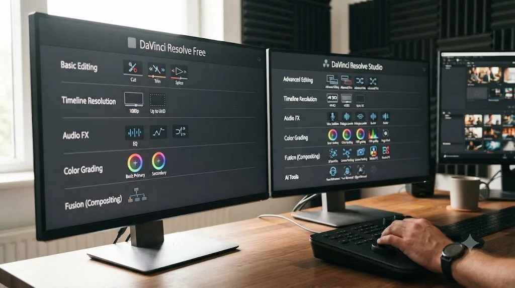 Illustration of a comparison chart showing DaVinci Resolve free version features against Studio-only features for OBS editing
