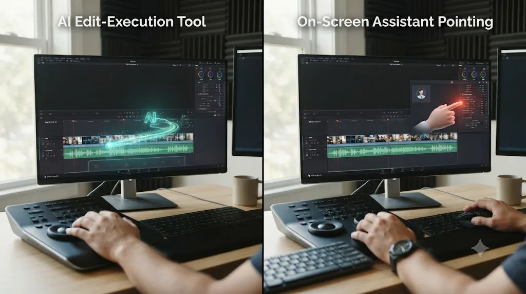 Illustration comparing an AI edit-execution tool acting on a timeline against an on-screen assistant pointing at a control inside DaVinci Resolve