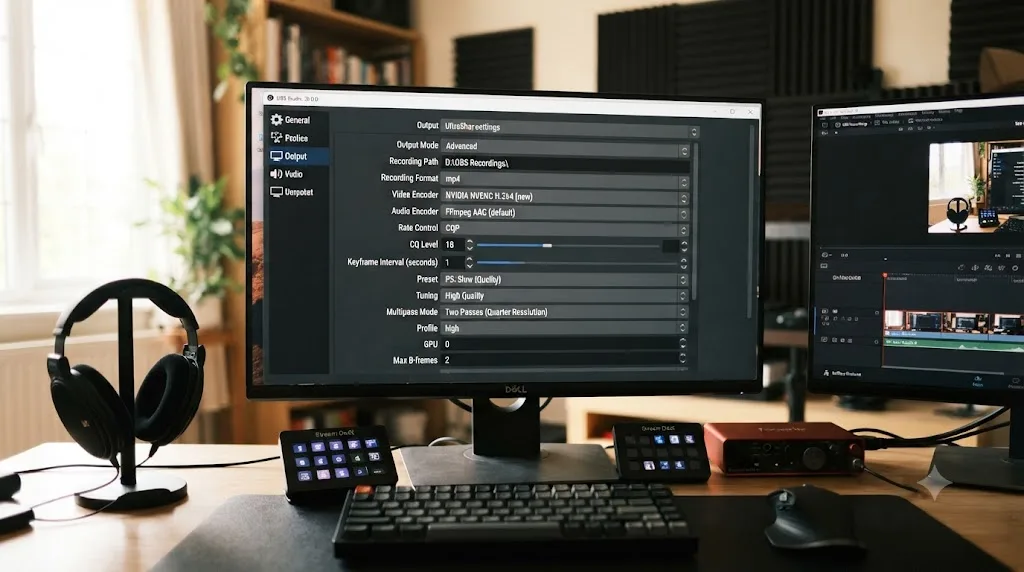 Illustration of the OBS Studio Output settings panel with encoder and keyframe interval fields highlighted for DaVinci Resolve editing