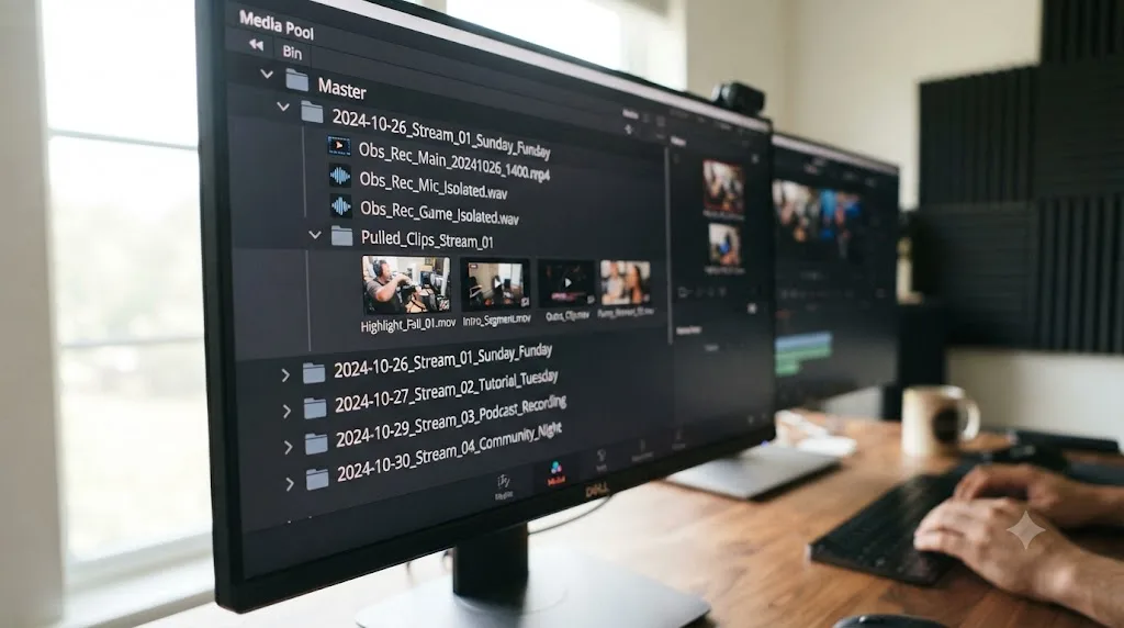 Illustration of an organized DaVinci Resolve Media Pool with bins labeled by session containing OBS recordings and separated audio