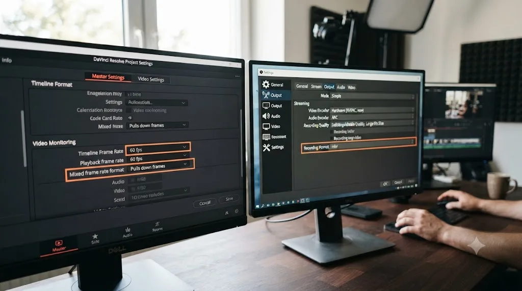 Illustration of the DaVinci Resolve Project Settings panel with frame rate fields highlighted next to matching OBS Studio output settings