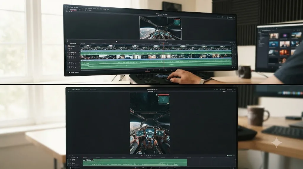 Illustration of a DaVinci Resolve timeline duplicated into a vertical format with a manual crop keeping a HUD element visible