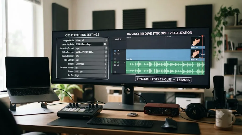 Illustration of an OBS Studio settings panel next to a DaVinci Resolve timeline showing audio drifting out of sync with video over time