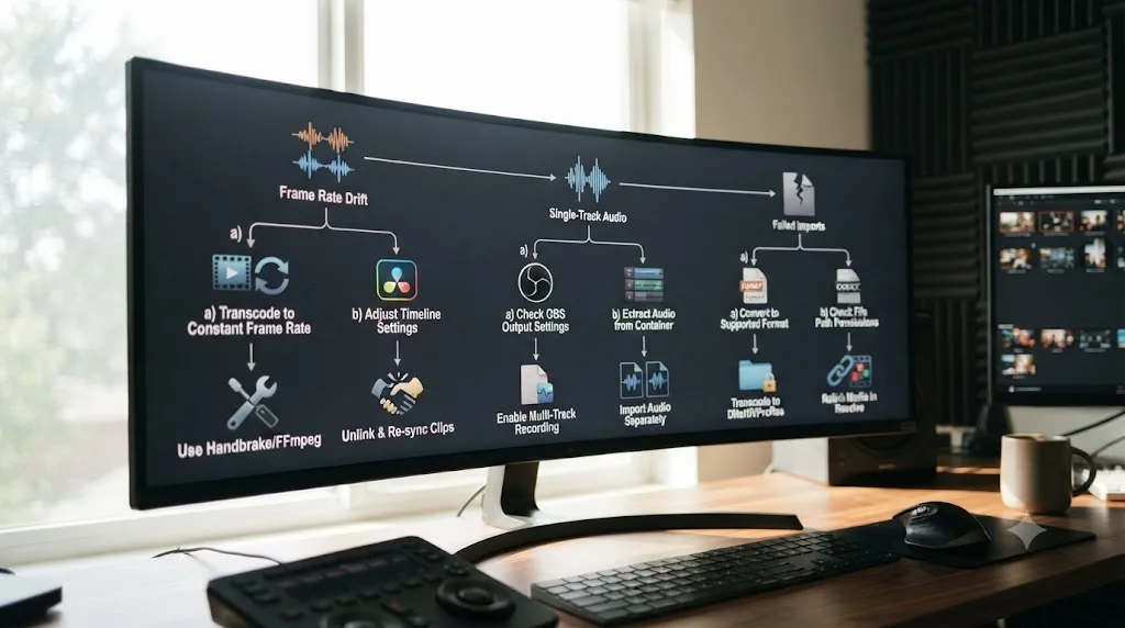 Illustration of a troubleshooting flowchart showing common OBS-to-DaVinci-Resolve problems branching to their specific fixes