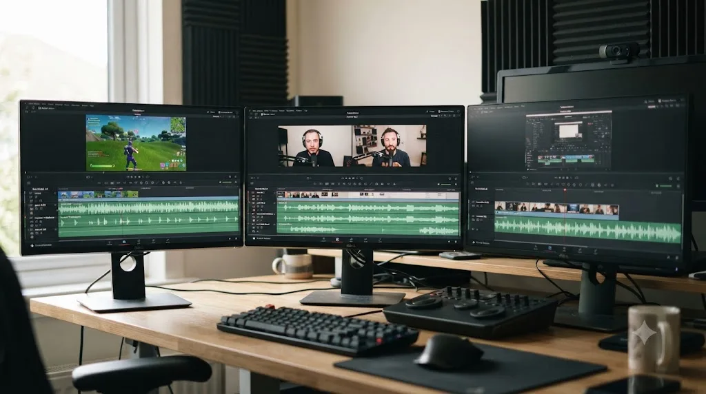 Illustration of three DaVinci Resolve timelines side by side showing a gaming stream, a podcast, and a software tutorial with different audio layouts