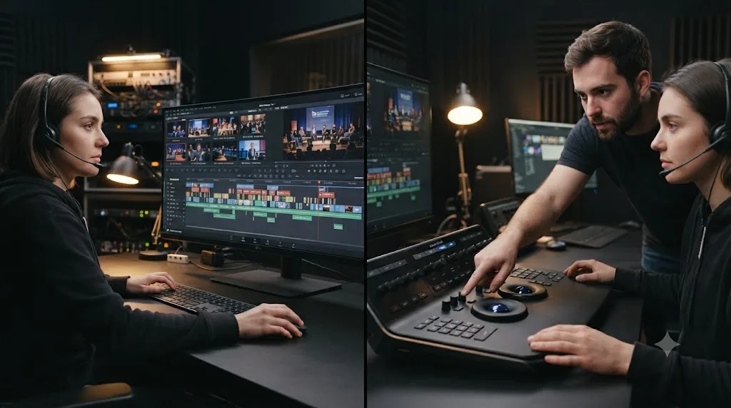 Illustration comparing an AI auto-cut tool with an assistant pointing at a DaVinci Resolve control during a live event highlight recap edit