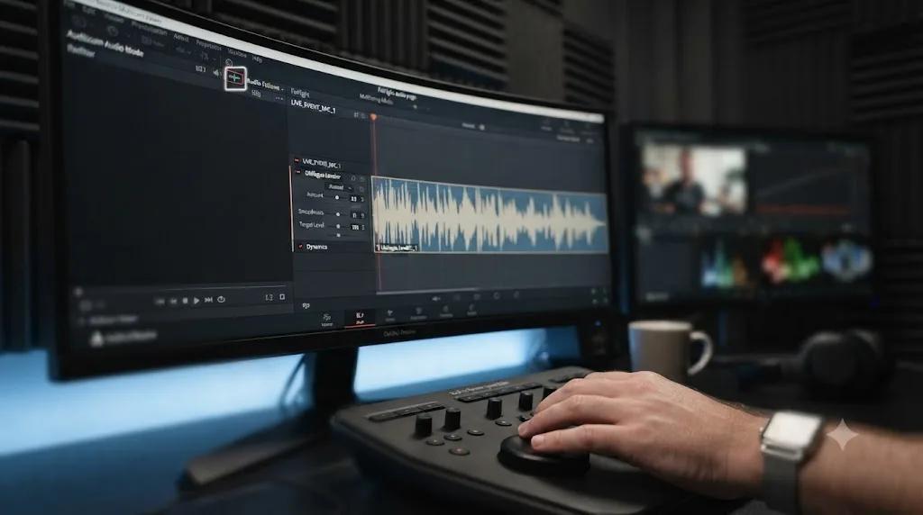 Illustration of DaVinci Resolve's multicam audio mode toggle beside a Fairlight track with dialogue leveler applied