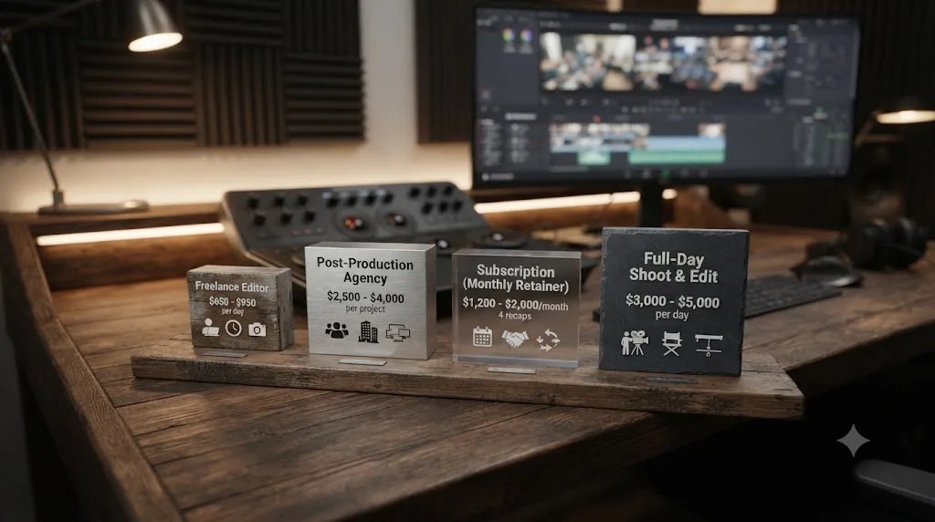 Illustration of a pricing chart comparing freelance, agency, and subscription costs for live event highlight recap video editing