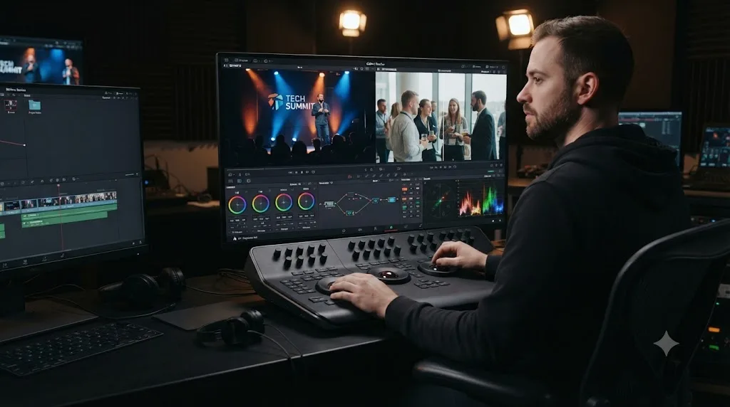 Illustration of a DaVinci Resolve color page matching stage-lit and daylight live event footage to consistent looks
