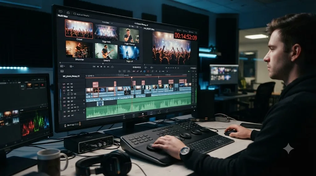 Illustration of a DaVinci Resolve multicam timeline being cut into a fast live event highlight recap video