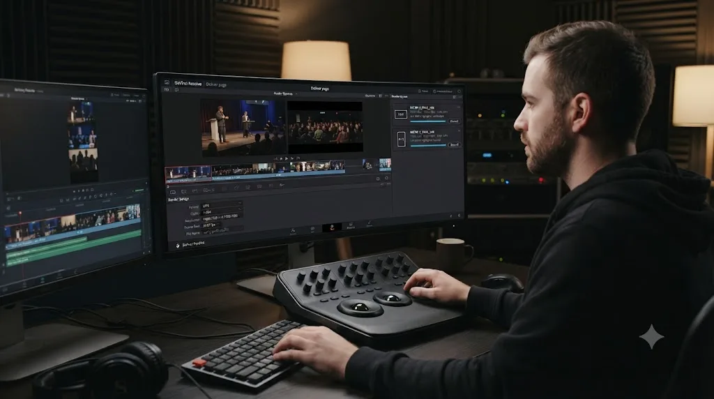 Illustration of a DaVinci Resolve deliver page rendering a horizontal and a vertical version of a live event recap together
