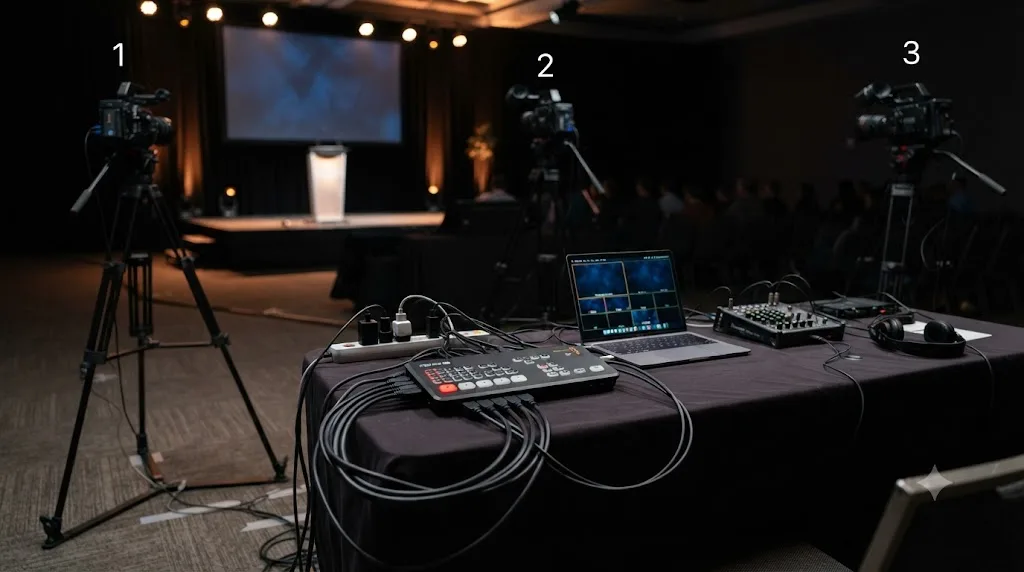 Illustration of camera placement and an ATEM Mini ISO switcher setup for covering a live event