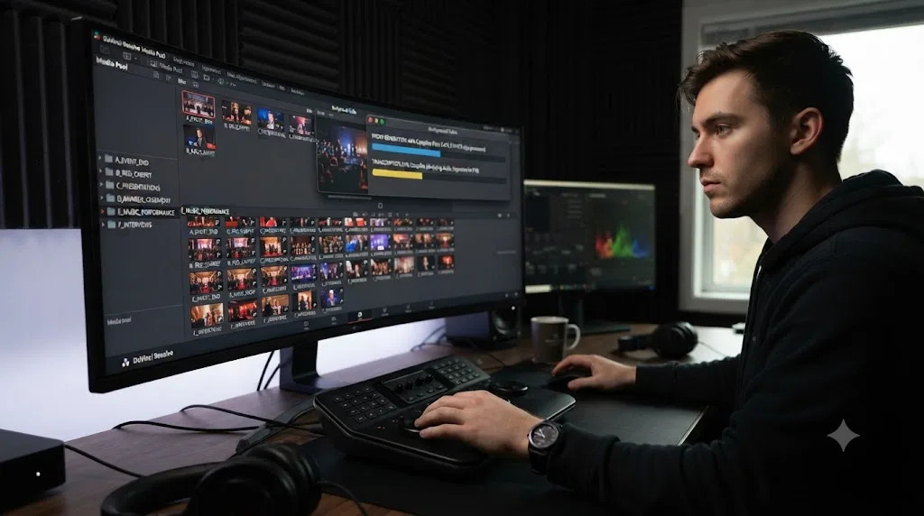Illustration of a DaVinci Resolve media pool with segment bins and a background processing indicator for proxies and transcription
